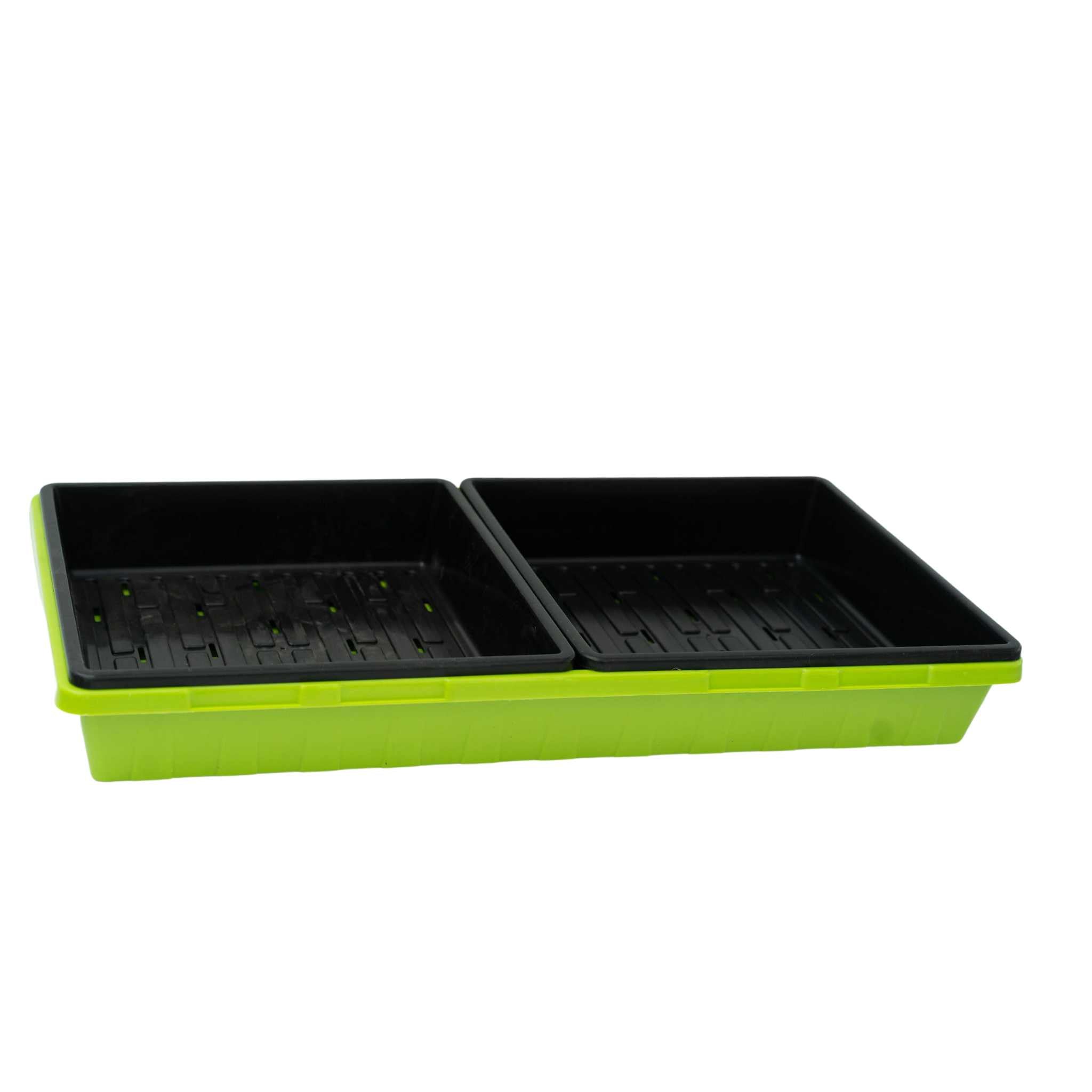Green and black plant seedling tray on a white background