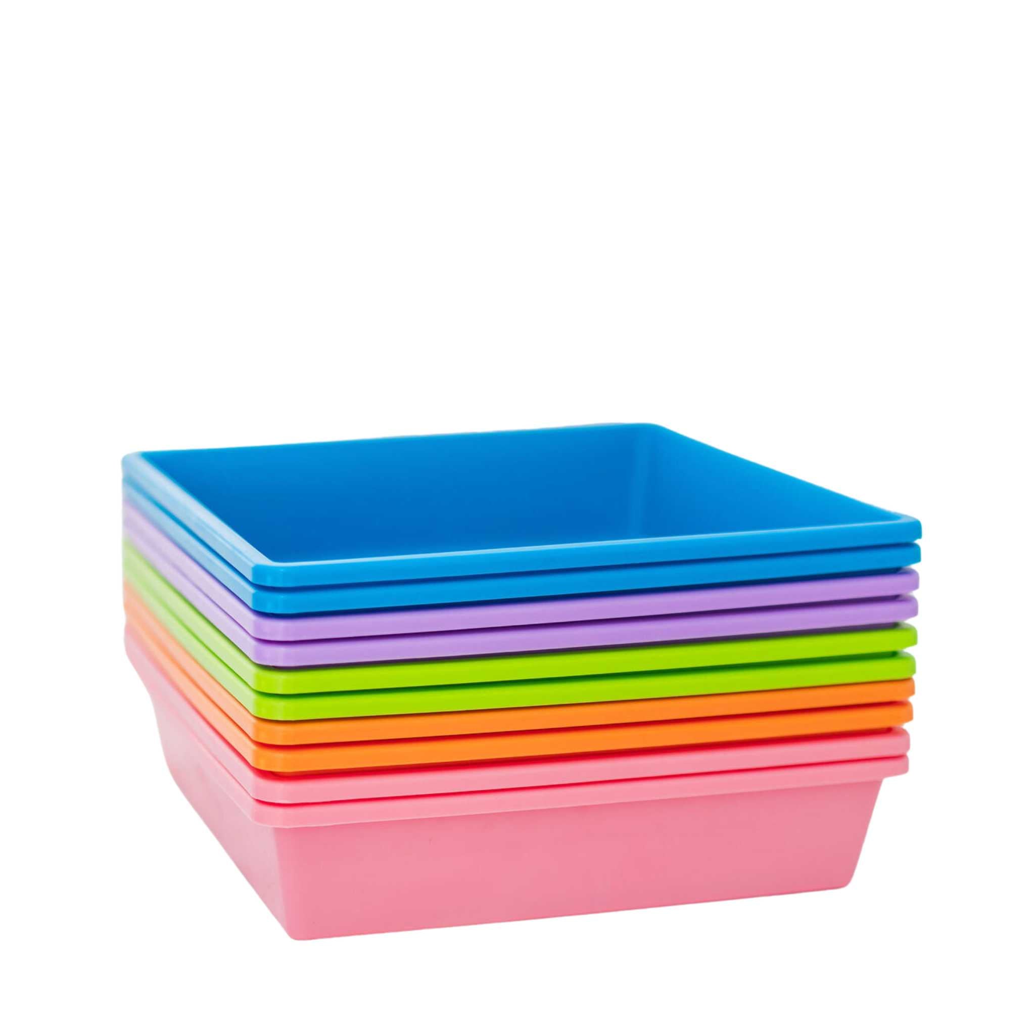 Stack of colorful plastic bins on a white background