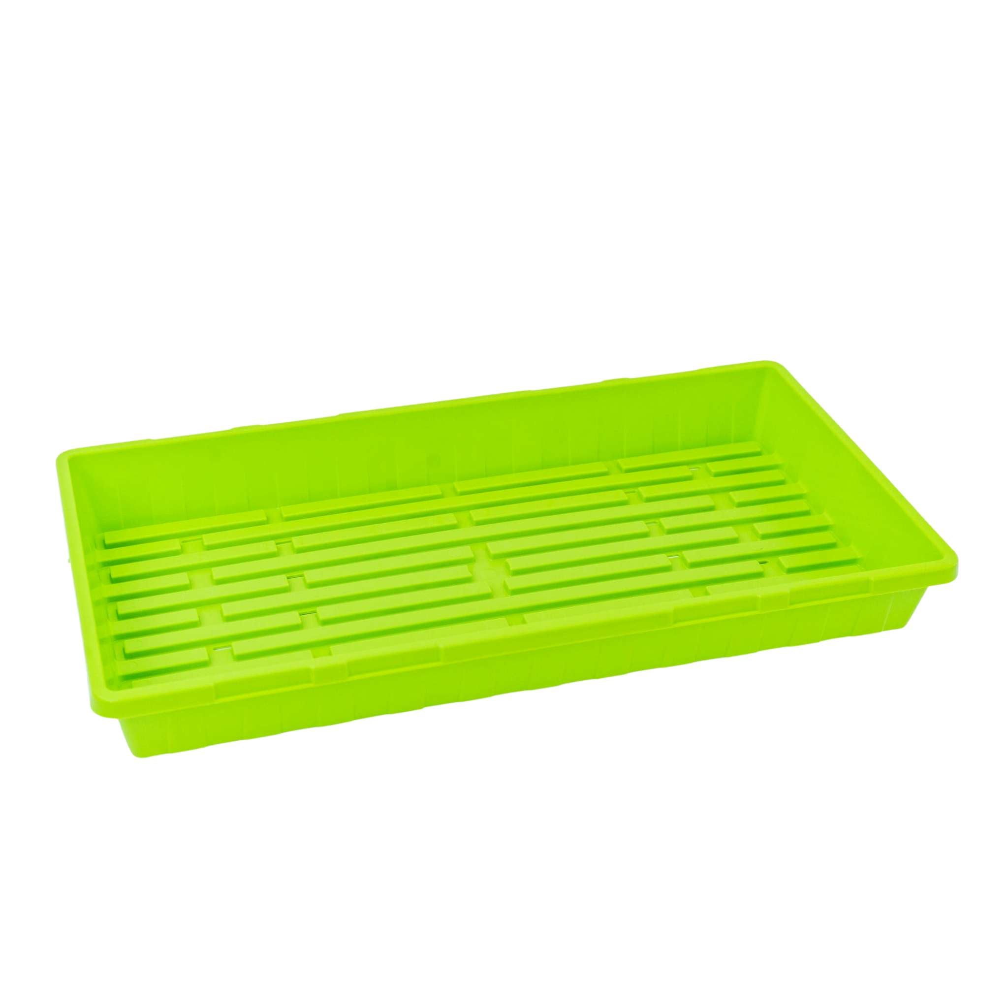 Green plastic tray with slotted design on a white background