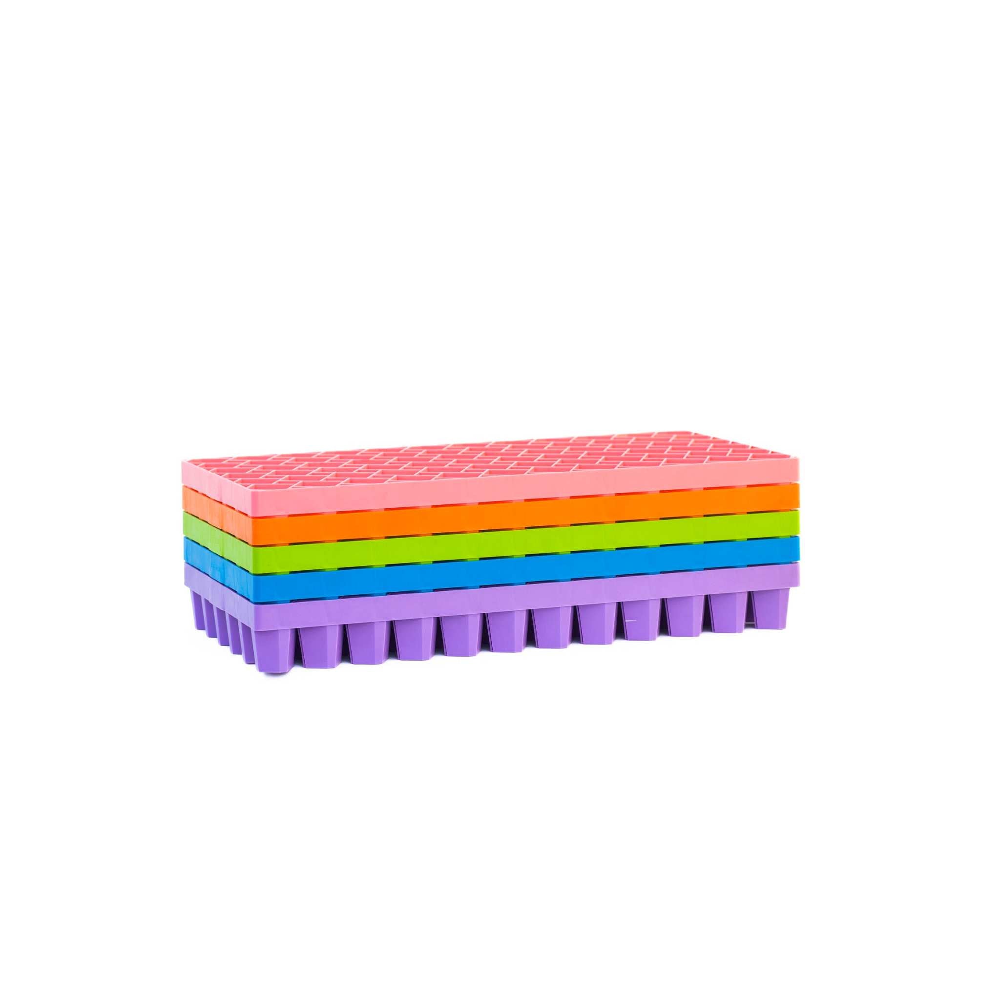 Stack of colorful propagation trays on a white background