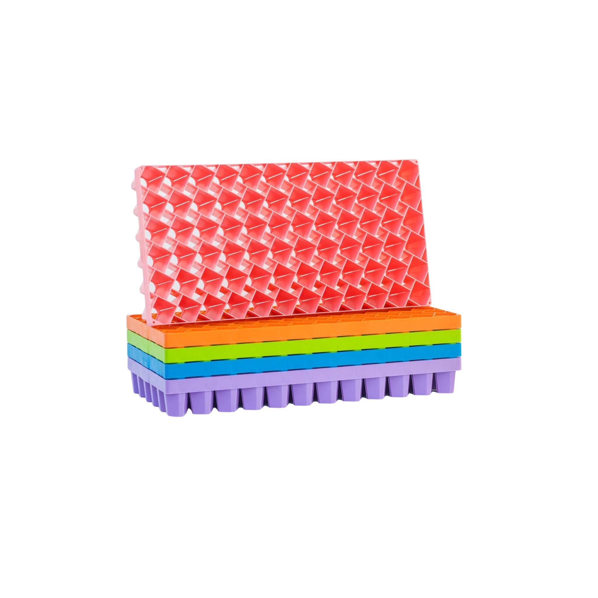 Stack of colorful propagation trays on a white background