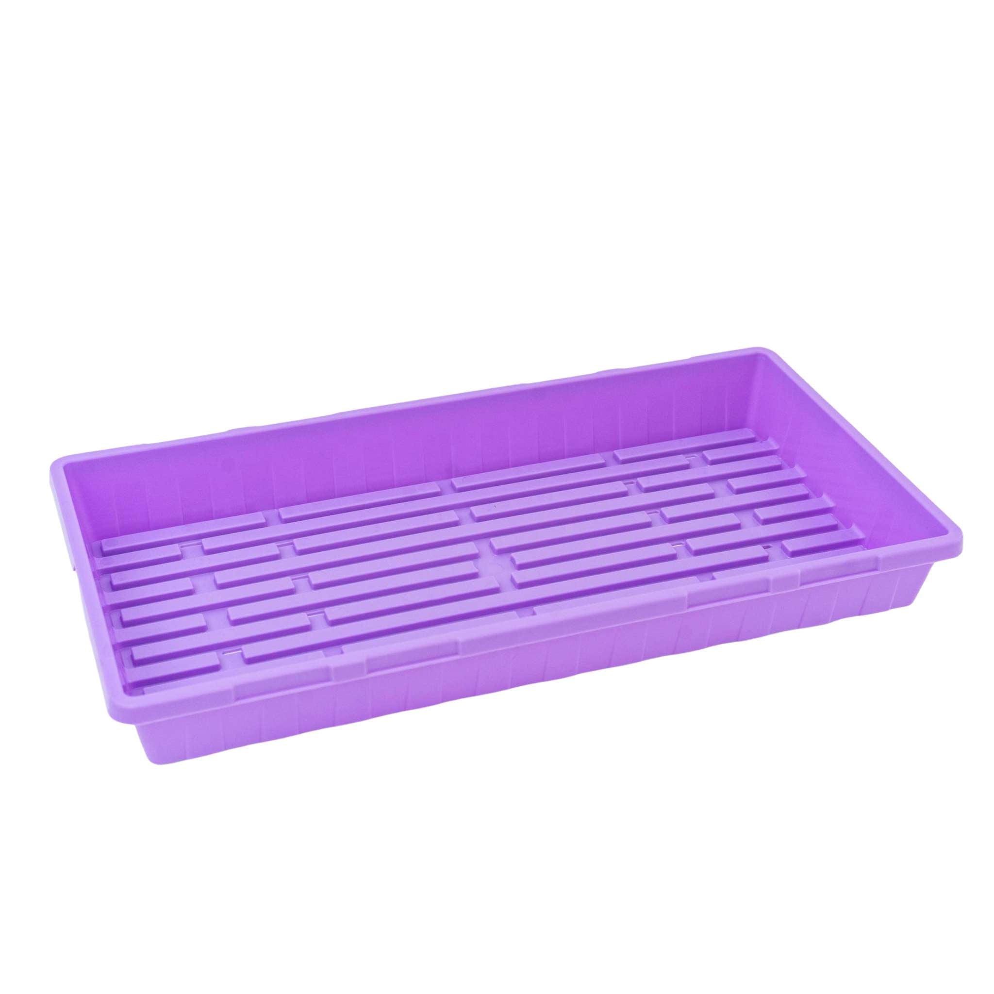 Purple plastic tray with slotted design on a white background
