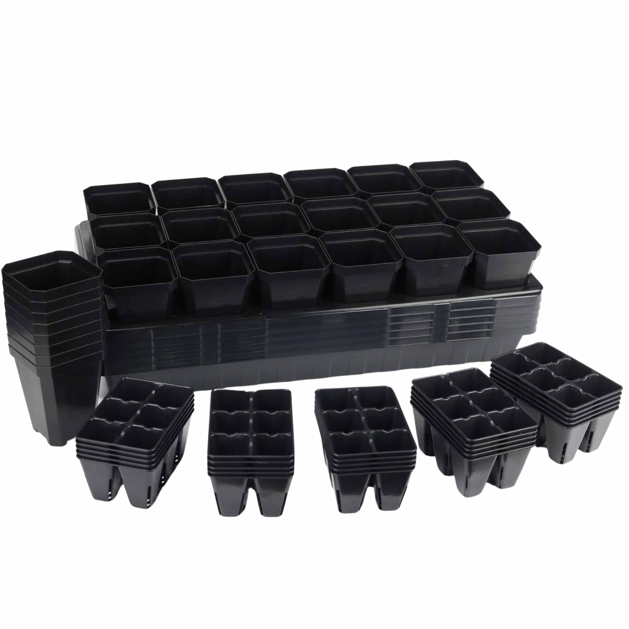 Set of black plastic seedling trays on a white background