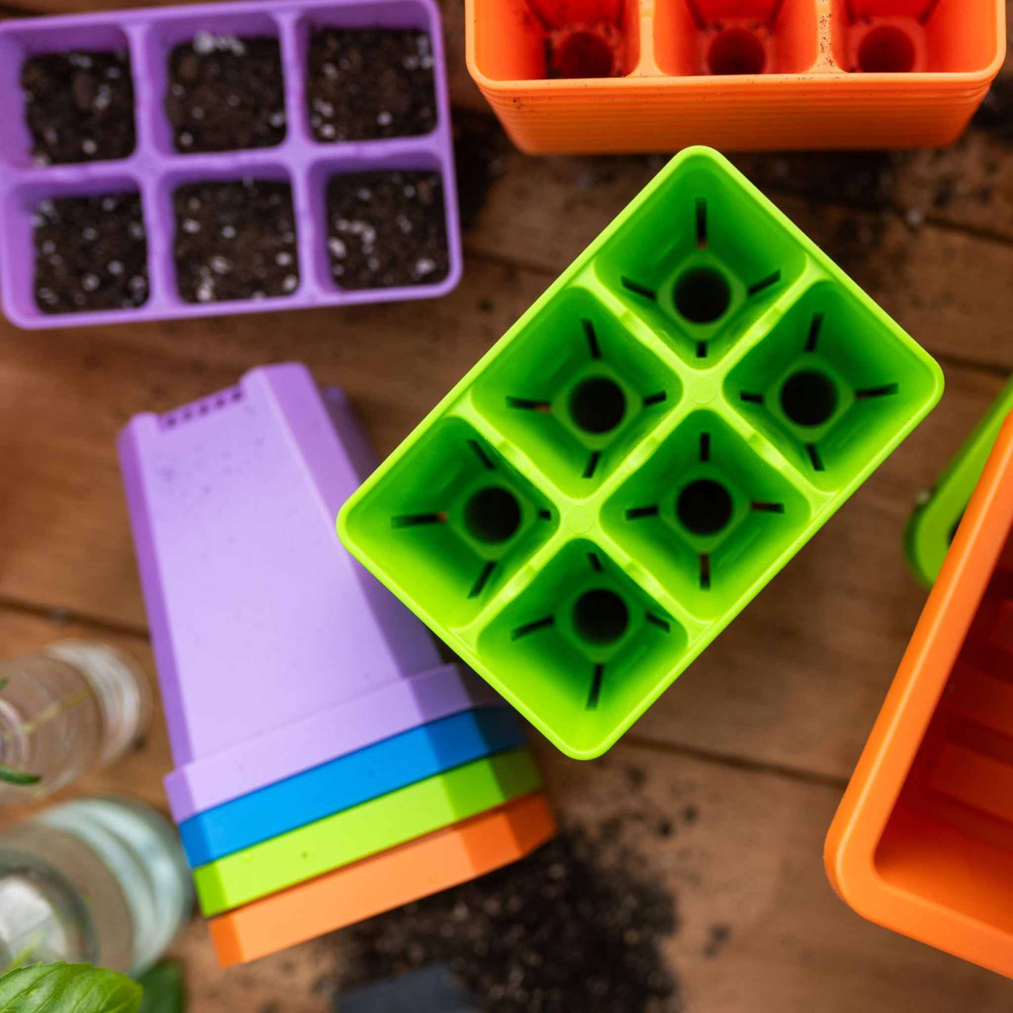 Colorful seedling trays on a wooden surface with soil.
