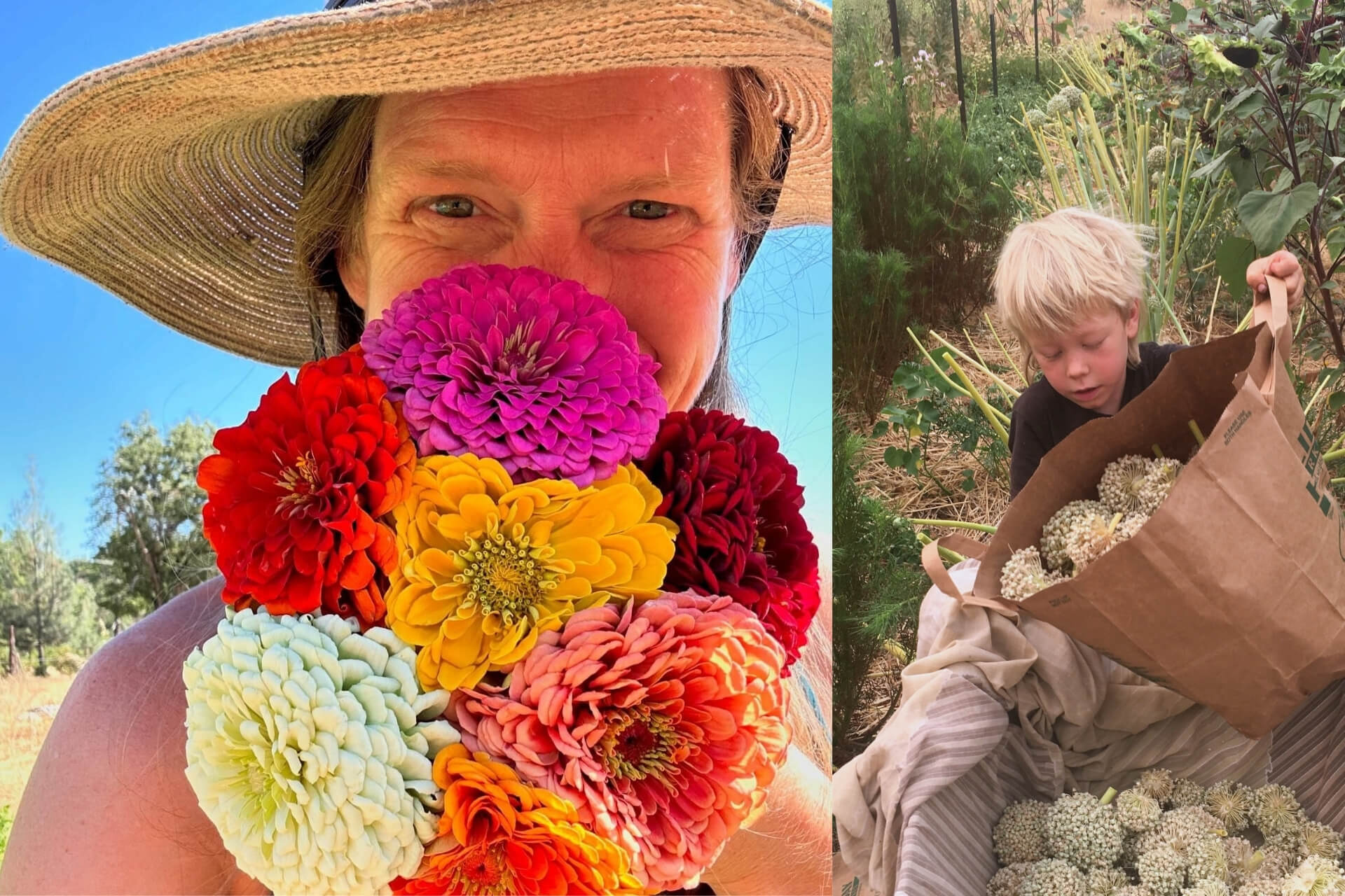 Two image collage. There is a woman in the left image holding a bouquet of flowers and wearing a hat. The image on the right shows a young boy helping pour a bag of flower heads into a wheelbarrow.