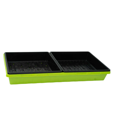 Green and black plant seedling tray on a white background 
