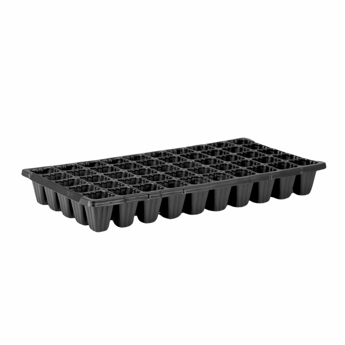 Black plastic seed tray with multiple compartments on a white background