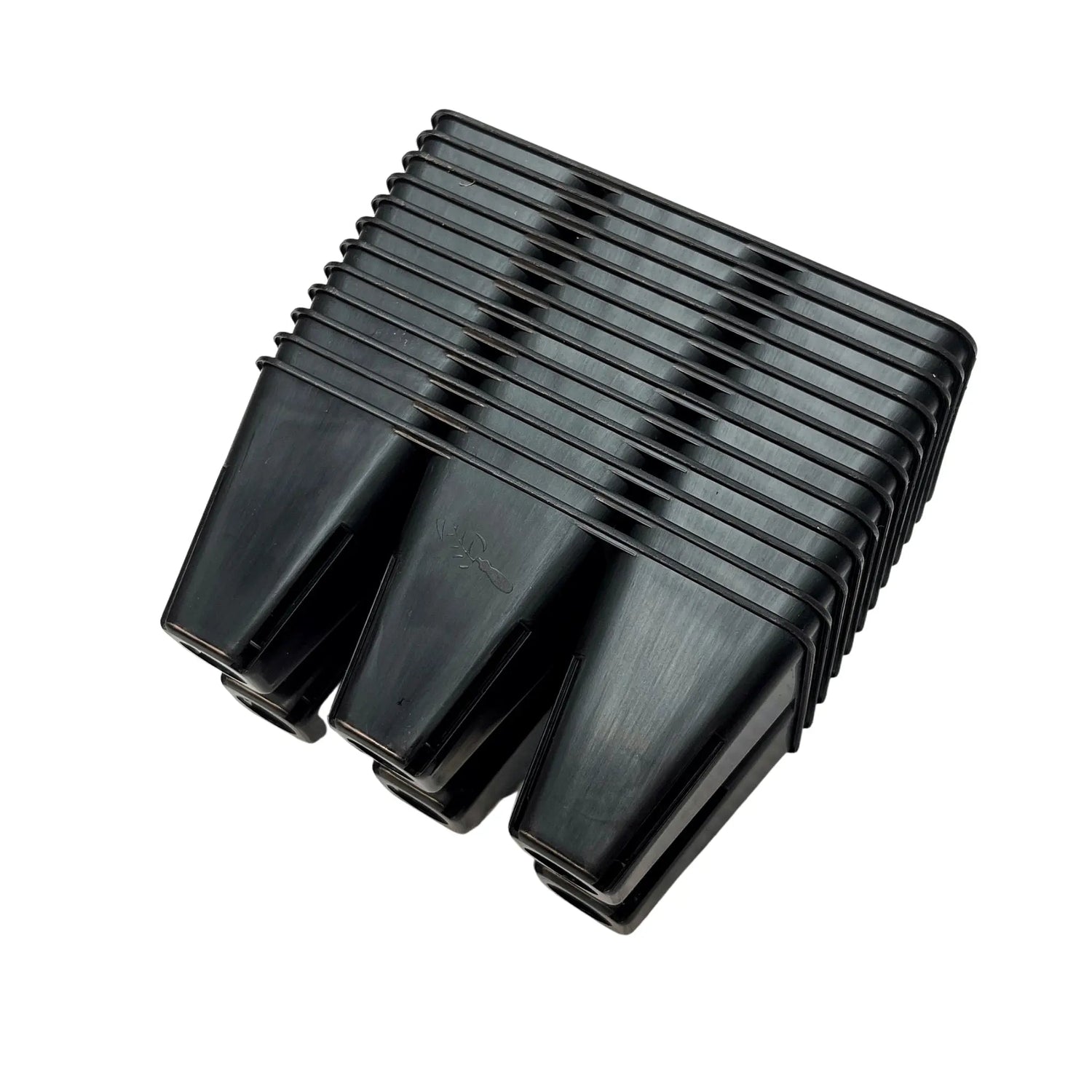 Stack of black plastic components on a white background 