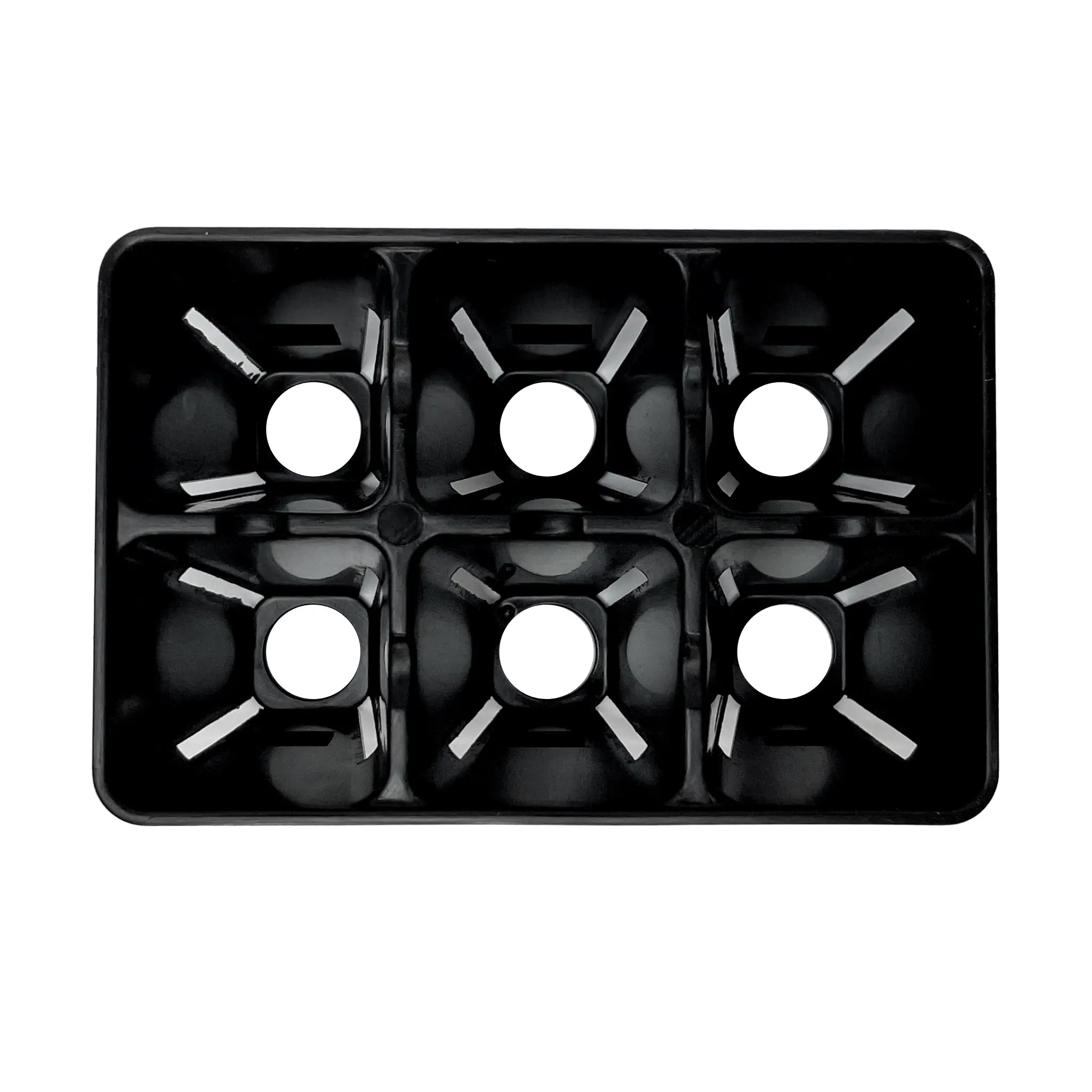 Black plastic seed tray with multiple compartments on a white background 