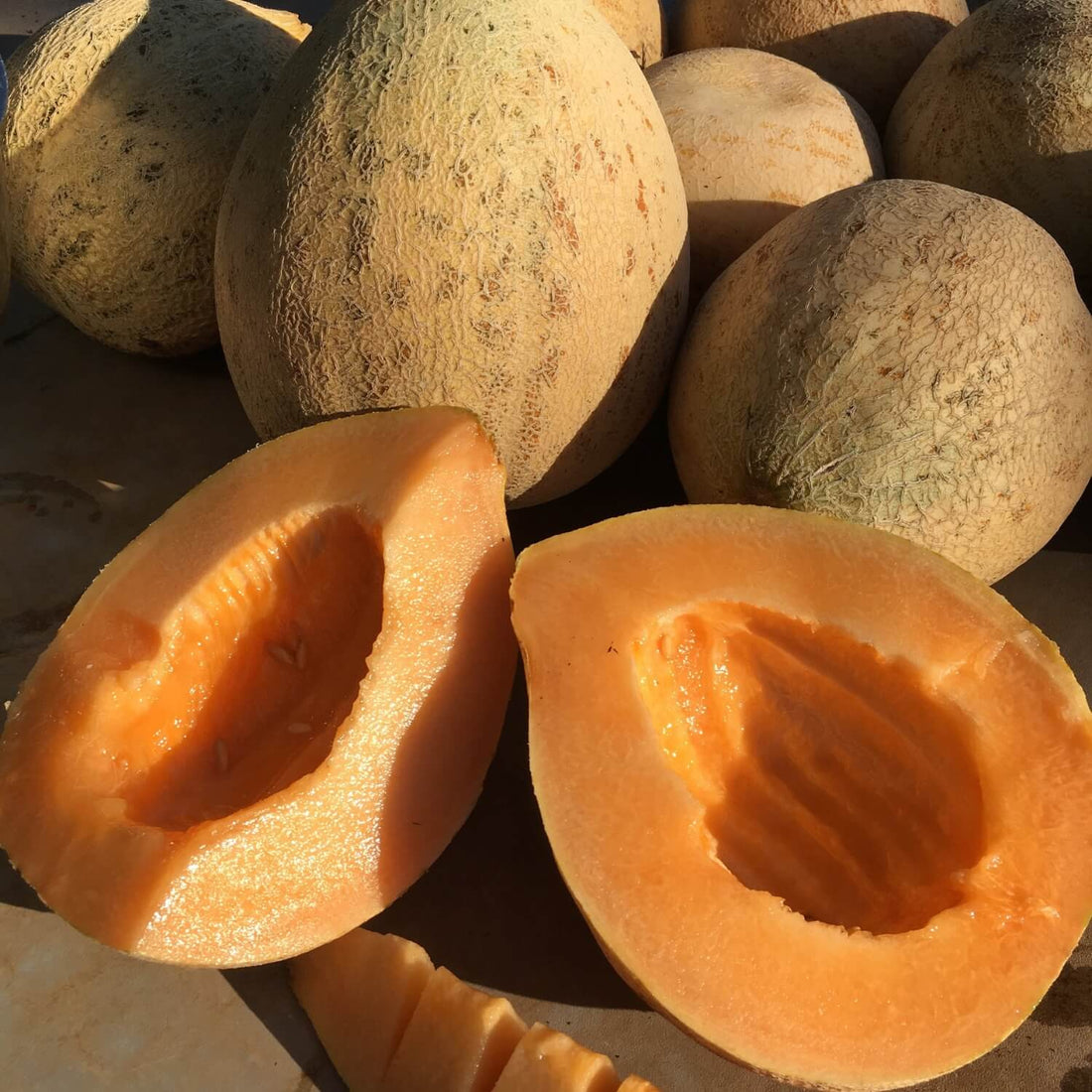 Eel river melons with one cut open to reveal its juicy interior.