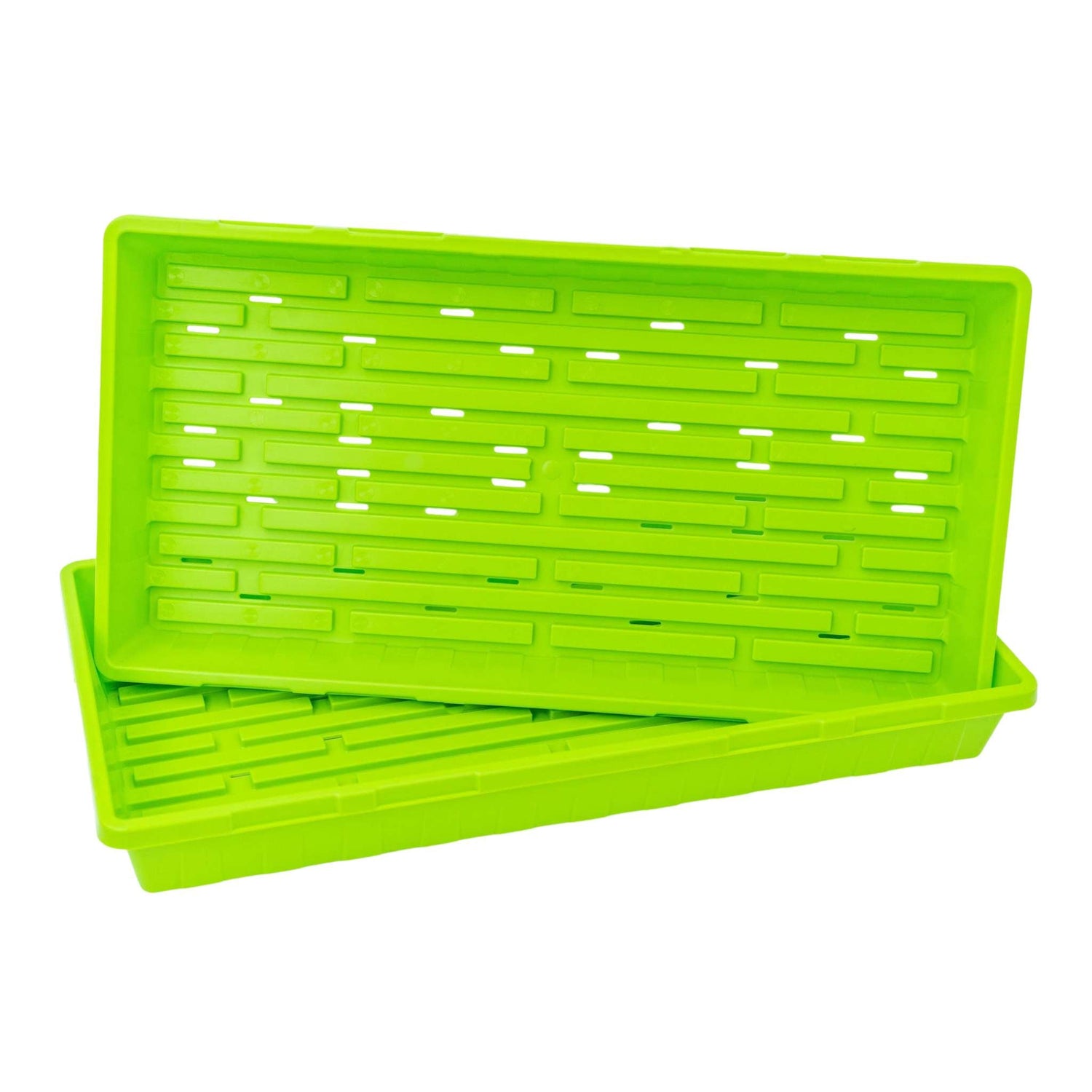 Two green plastic trays with slotted design on a white background 
