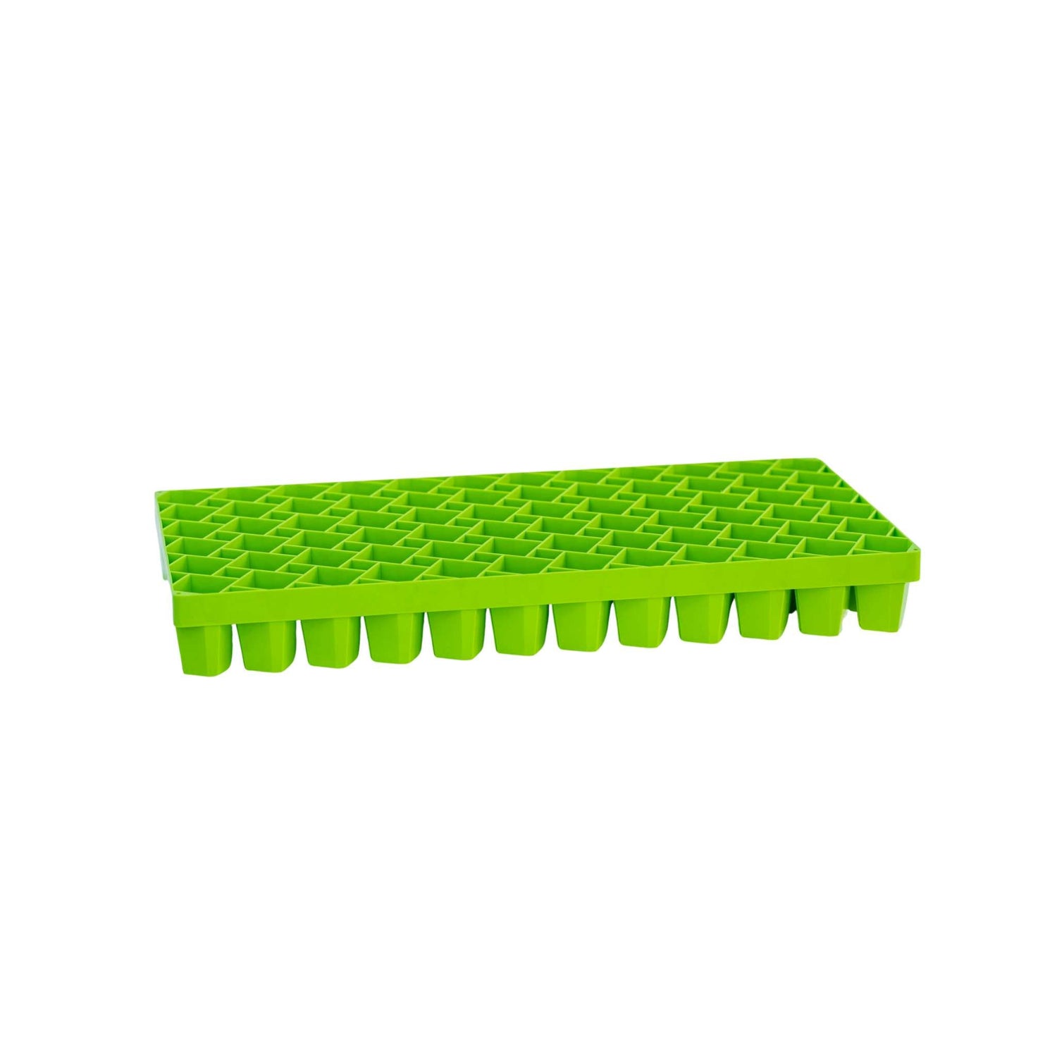 Green plastic propagation tray with multiple compartments on a white background 
