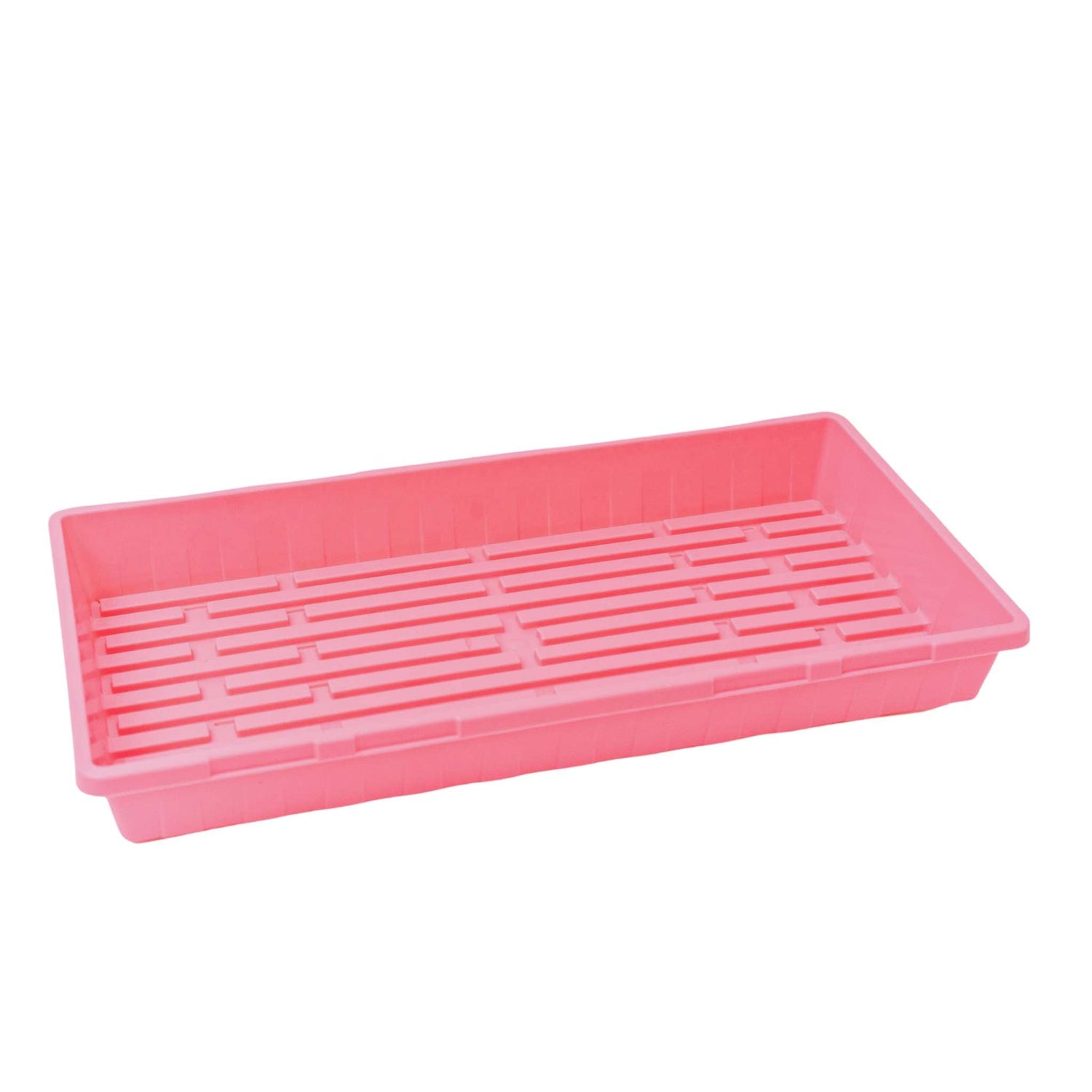 Pink plastic tray with slotted design on a white background 