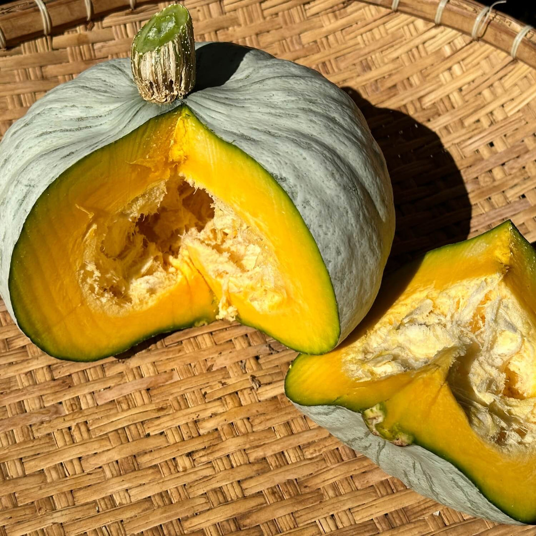 Redwood Seeds: Halved Stella Blue Squash on a woven surface
