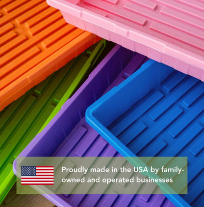 Colorful plastic storage bins with a text overlay about U.S. manufacturing. 